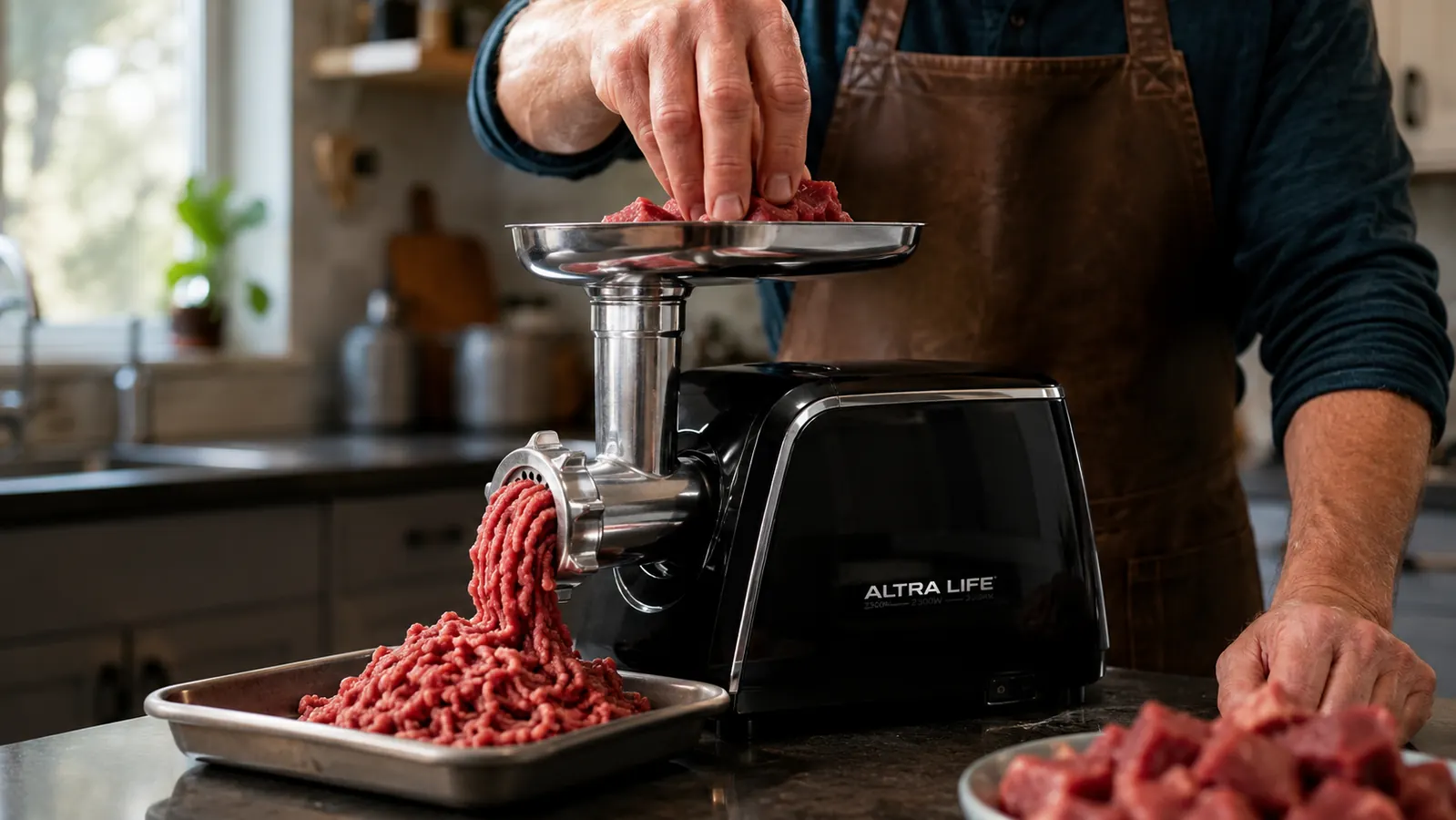 Hand feeding cubed beef into the hopper of the ALTRA LIFE electric meat grinder while ground meat comes out the front