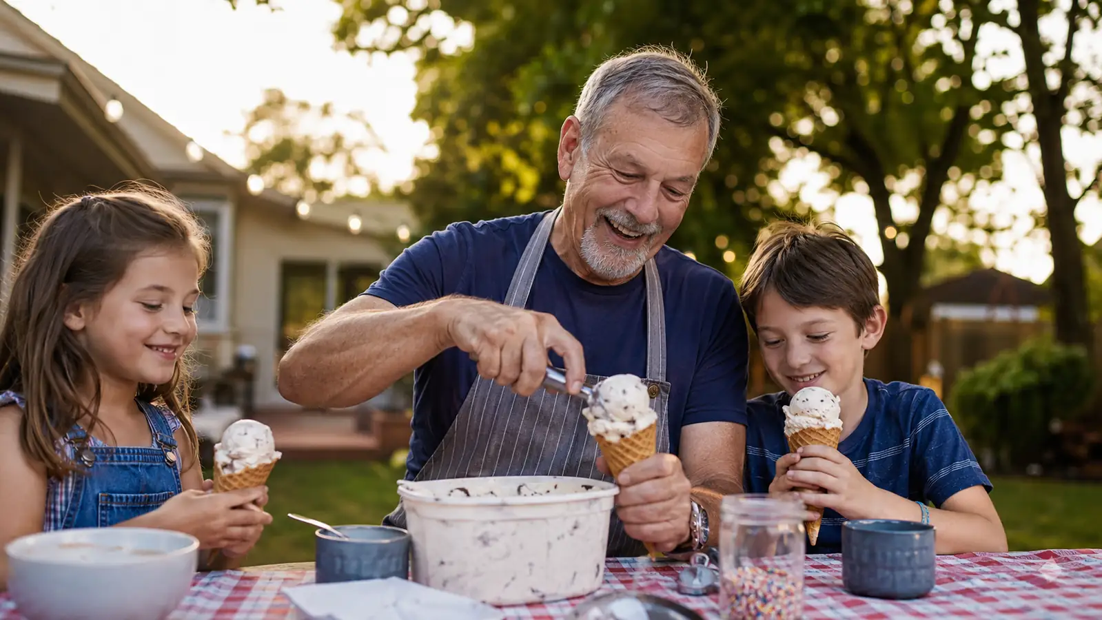 Grandkids helping scoop fresh homemade ice cream into cones on a summer evening in the backyard