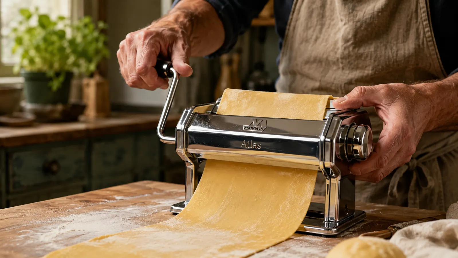 Hand cranking the Marcato Atlas pasta machine to roll a sheet of dough thinner