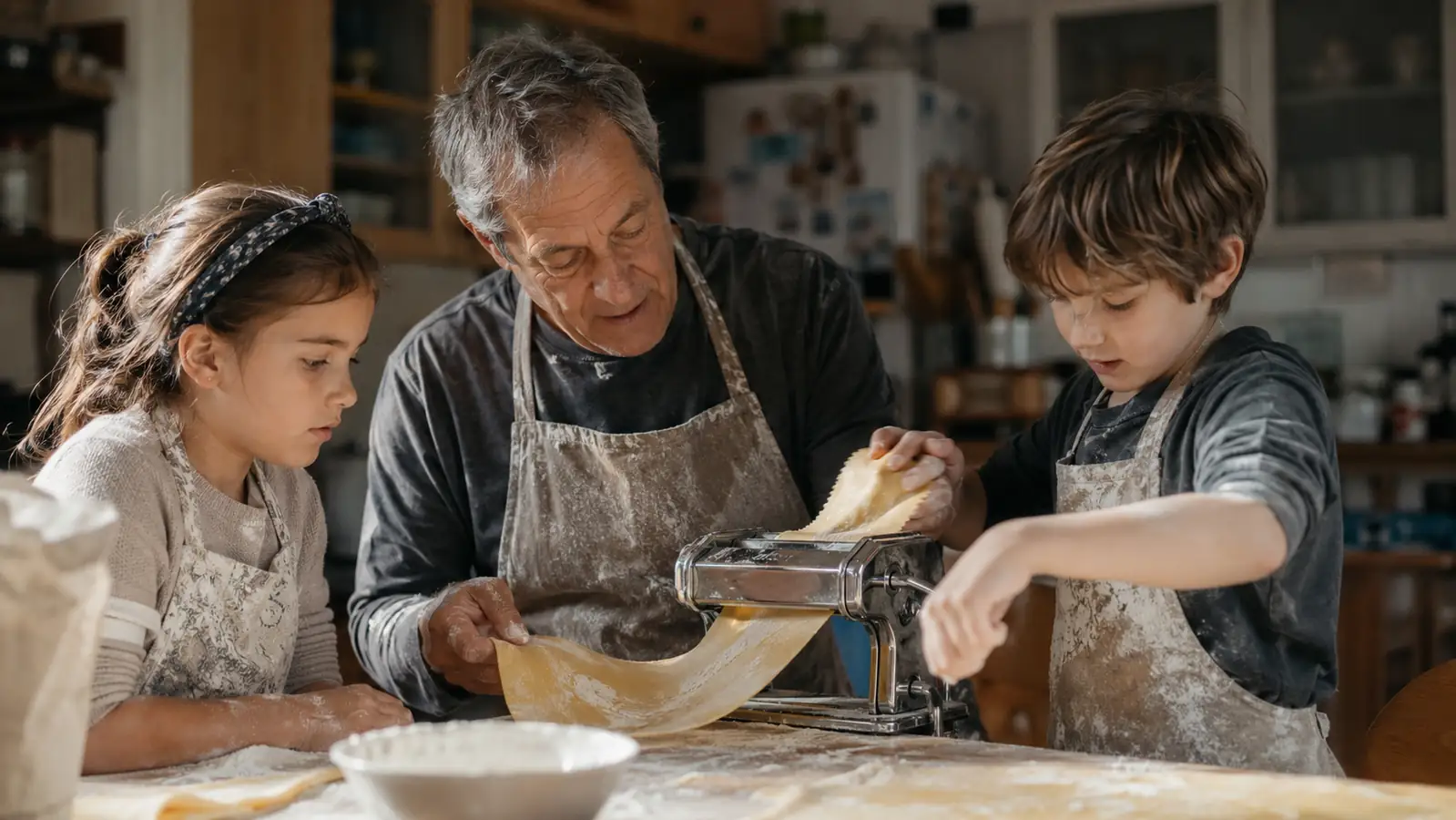 Grandkids helping feed pasta dough through the Marcato Atlas at a family kitchen table