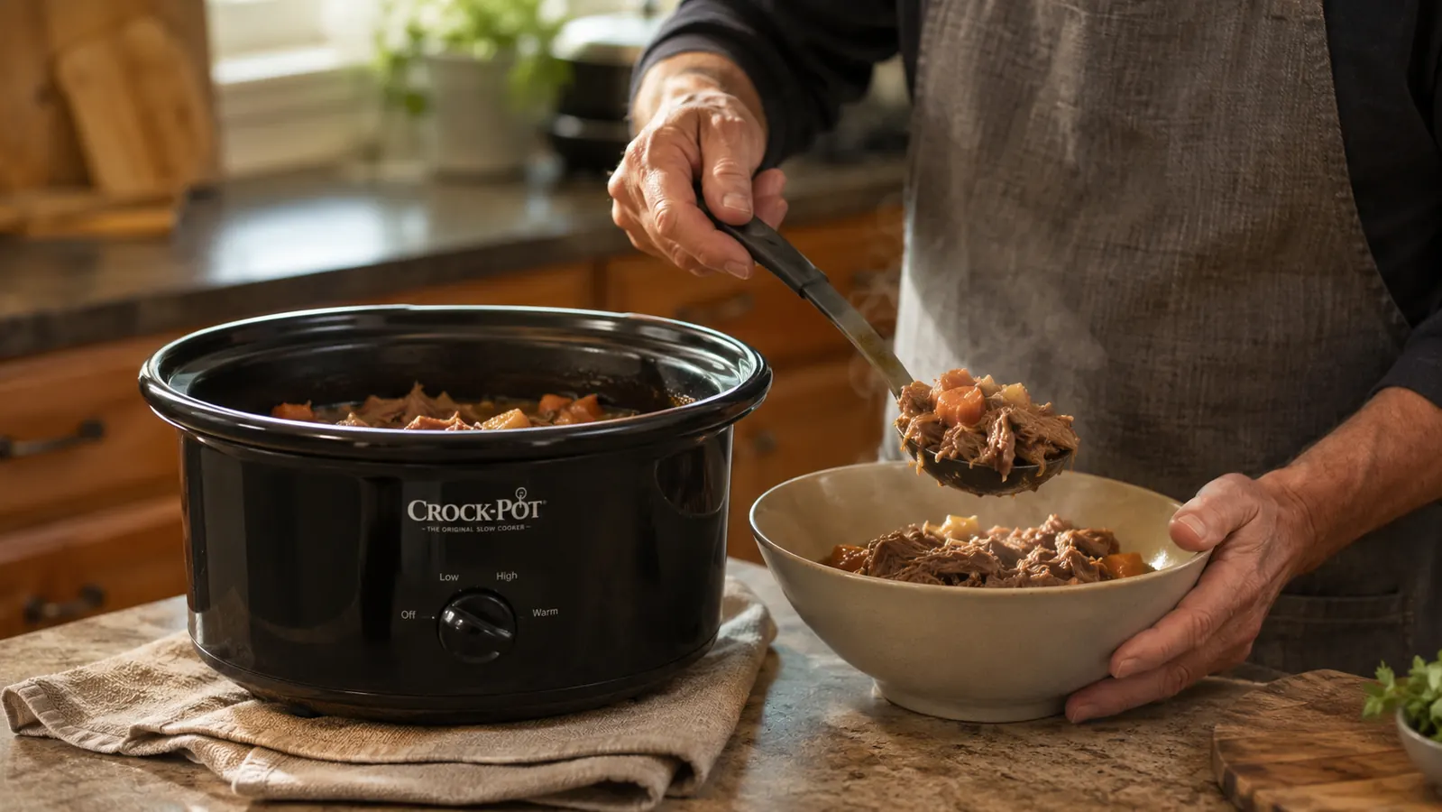 A hand ladling chuck roast and vegetables out of the slow cooker's removable stoneware insert into a serving bowl