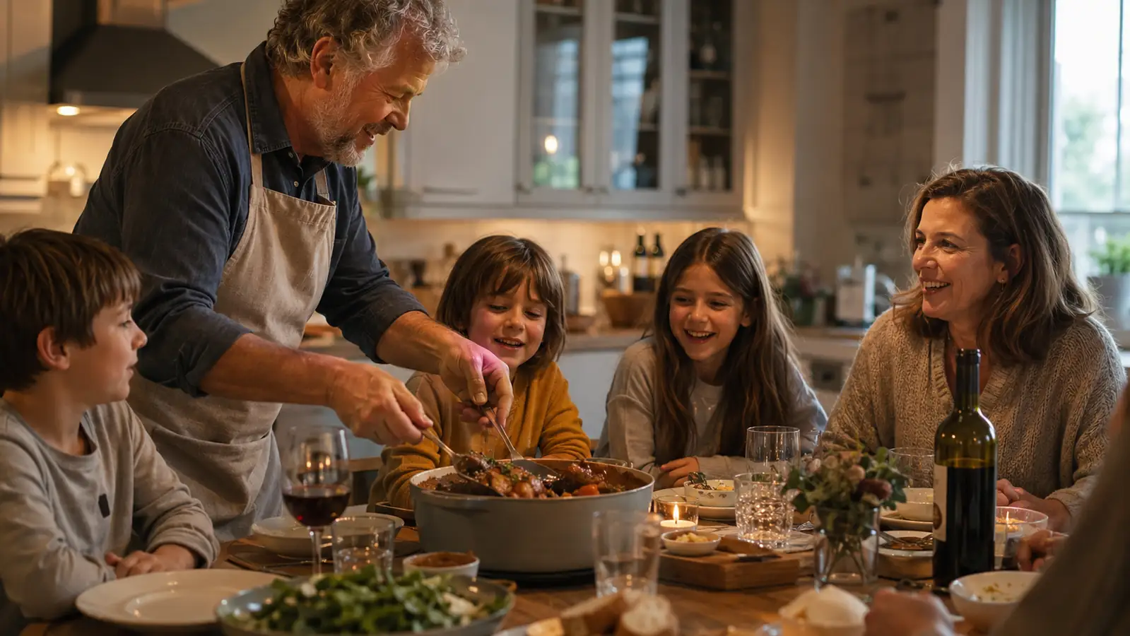A family sitting down to dinner in a warm kitchen, grandkids and grandparents at the table