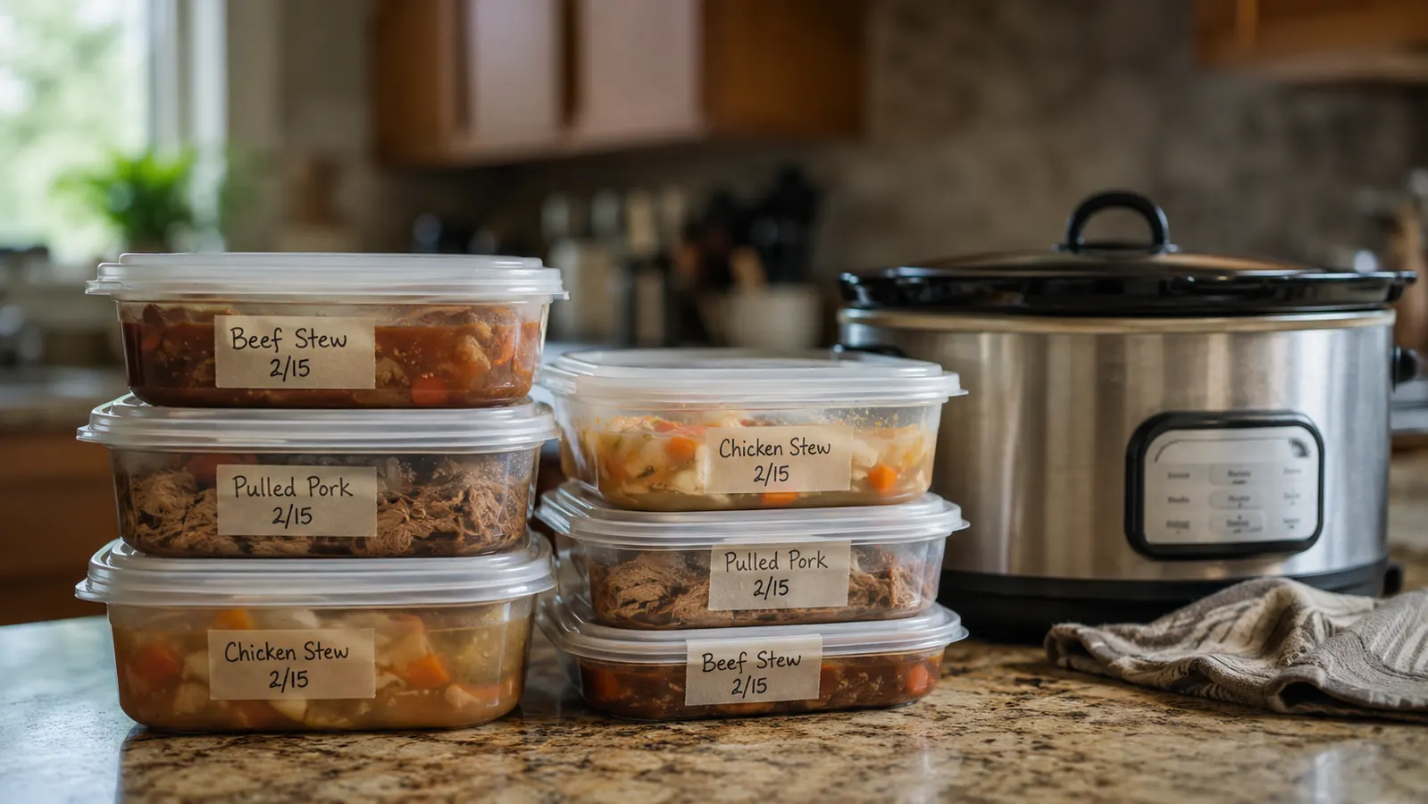 Stacked freezer containers of portioned slow-cooked meals ready to reheat