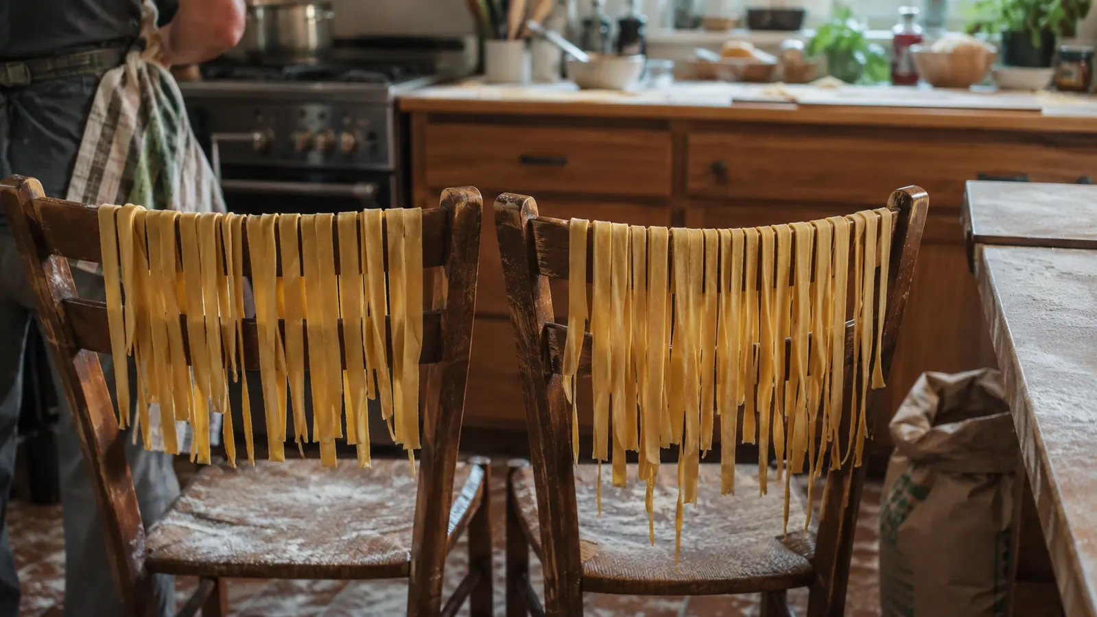 Fresh cut fettuccine noodles draped over the backs of two kitchen chairs to dry