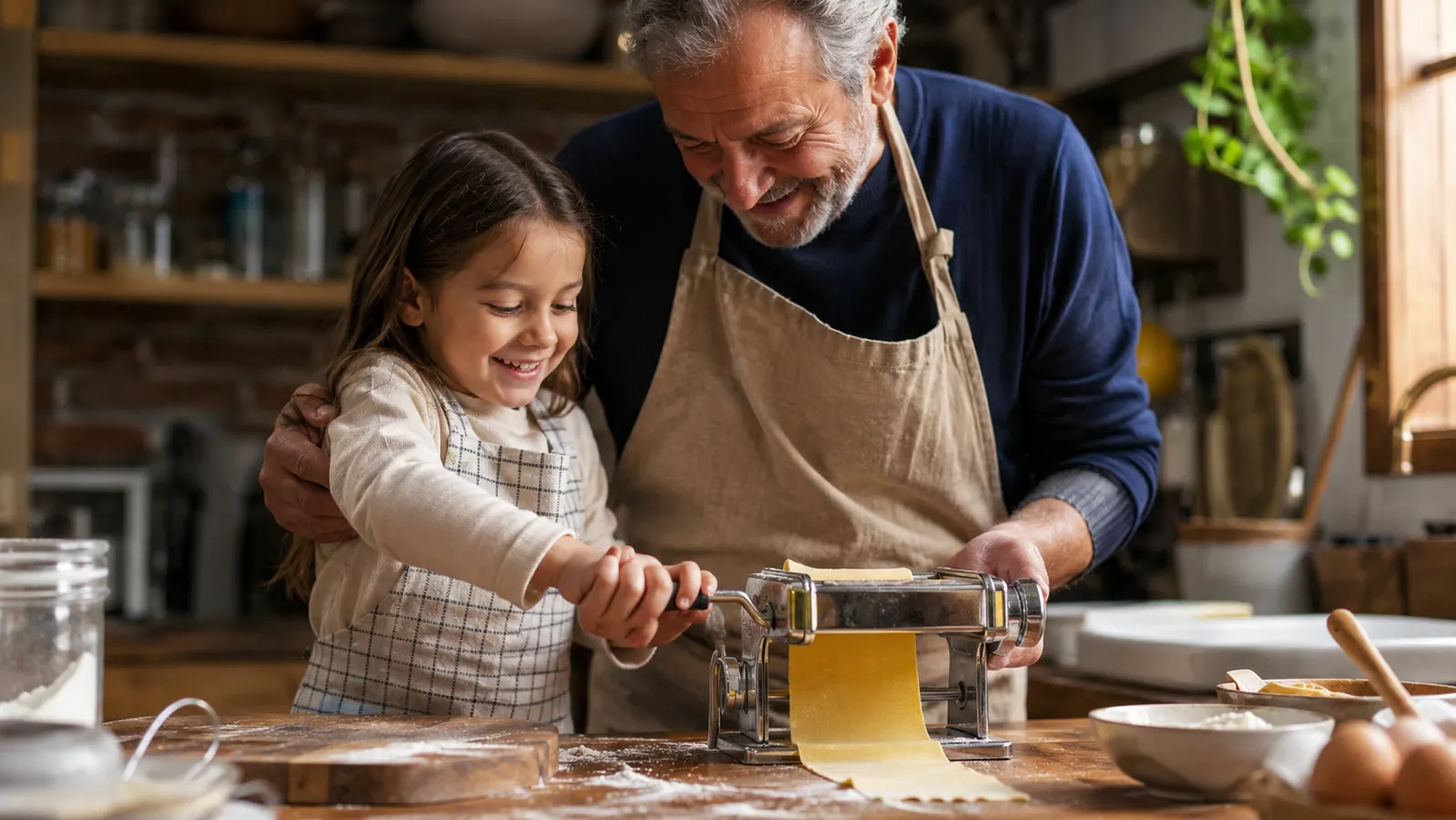 A grandfather and granddaughter standing together at the kitchen counter, her hand on the pasta machine crank
