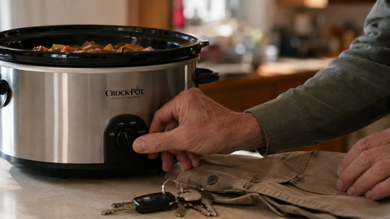 A hand turning the manual dial on the Crock-Pot 7-Quart Slow Cooker to low before leaving to pick up a grandson from school
