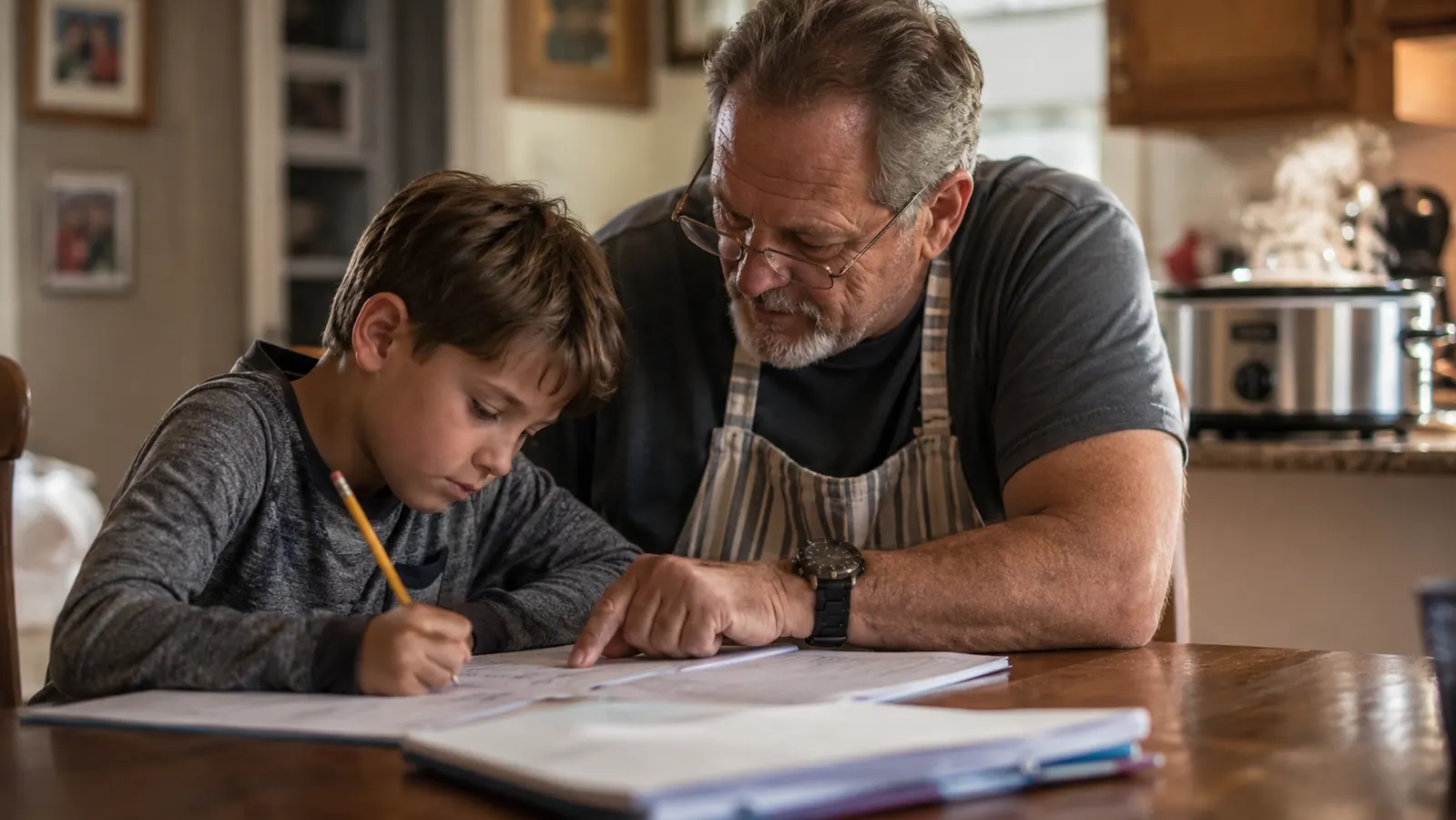 A grandfather and grandson at a kitchen table doing homework while a slow cooker simmers in the background
