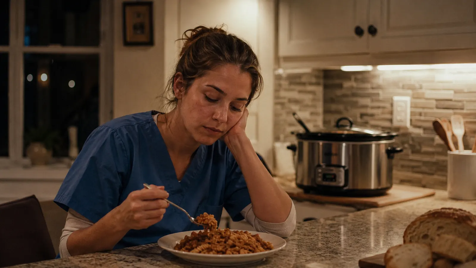 A tired woman in scrubs sitting at a kitchen counter eating a warm dinner served from a slow cooker late in the evening