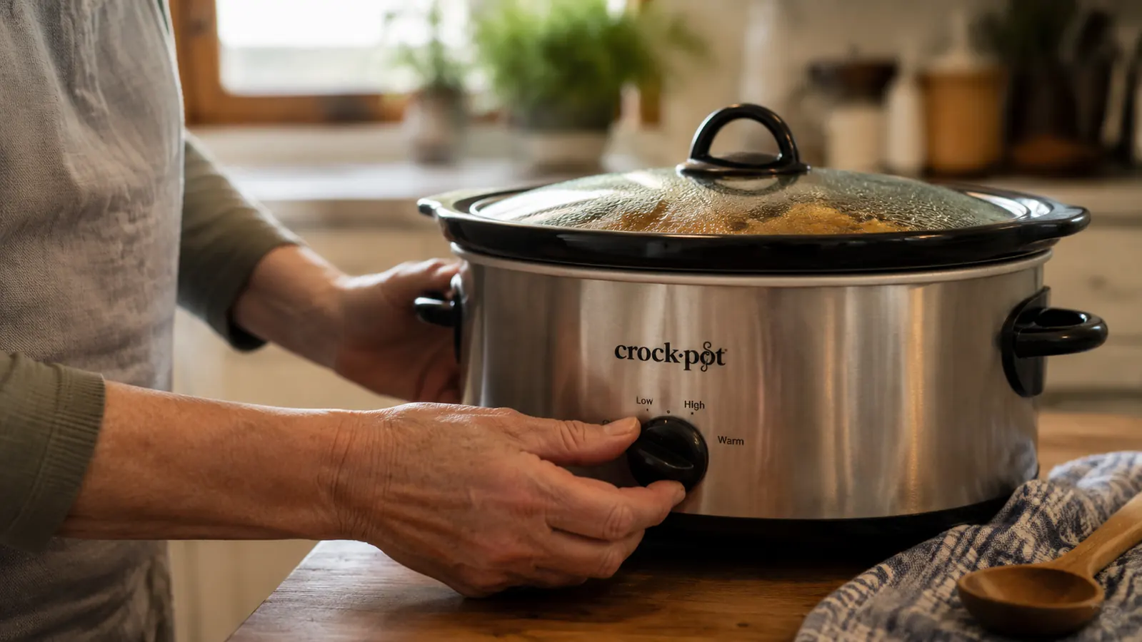 Hand turning the manual dial on the front of the Crock-Pot slow cooker from Low to High