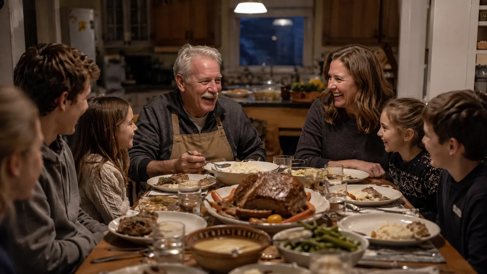 A family sitting around a dinner table sharing a pot roast dinner on a cold evening