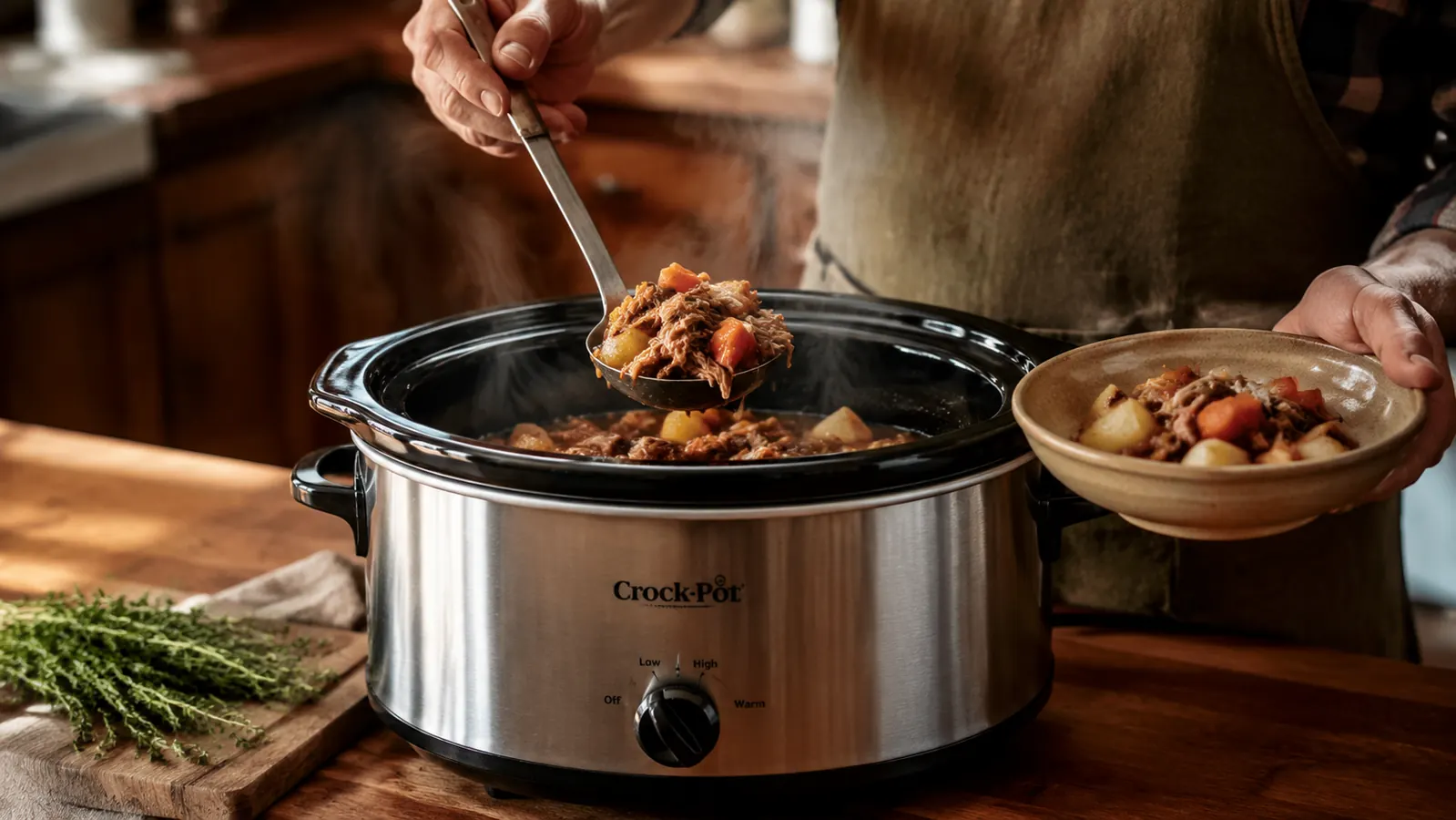 A hand ladling a fall-apart pot roast and vegetables out of the Crock-Pot's stoneware insert