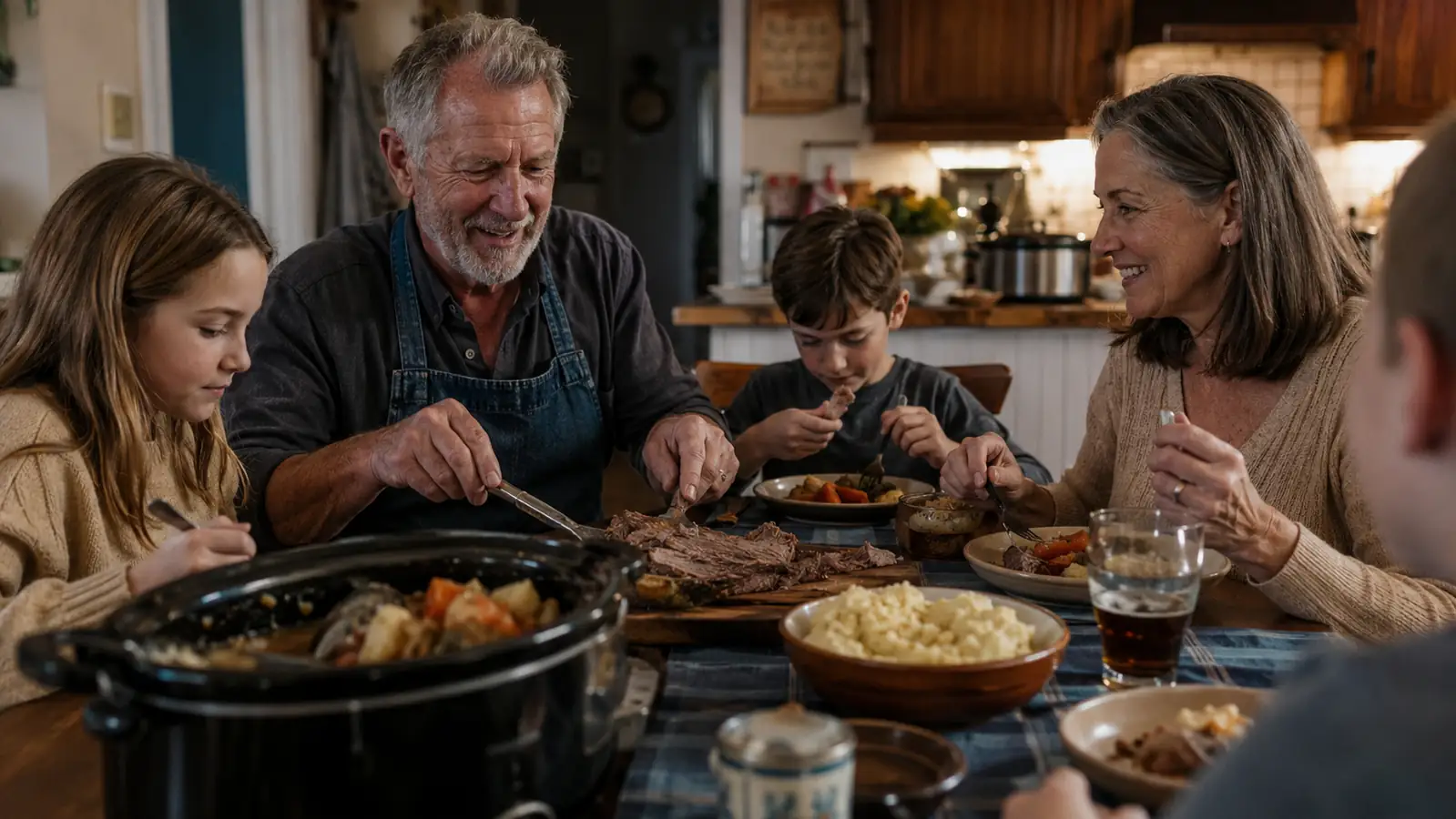 A family gathered around a Sunday dinner table with a pot roast served from the slow cooker