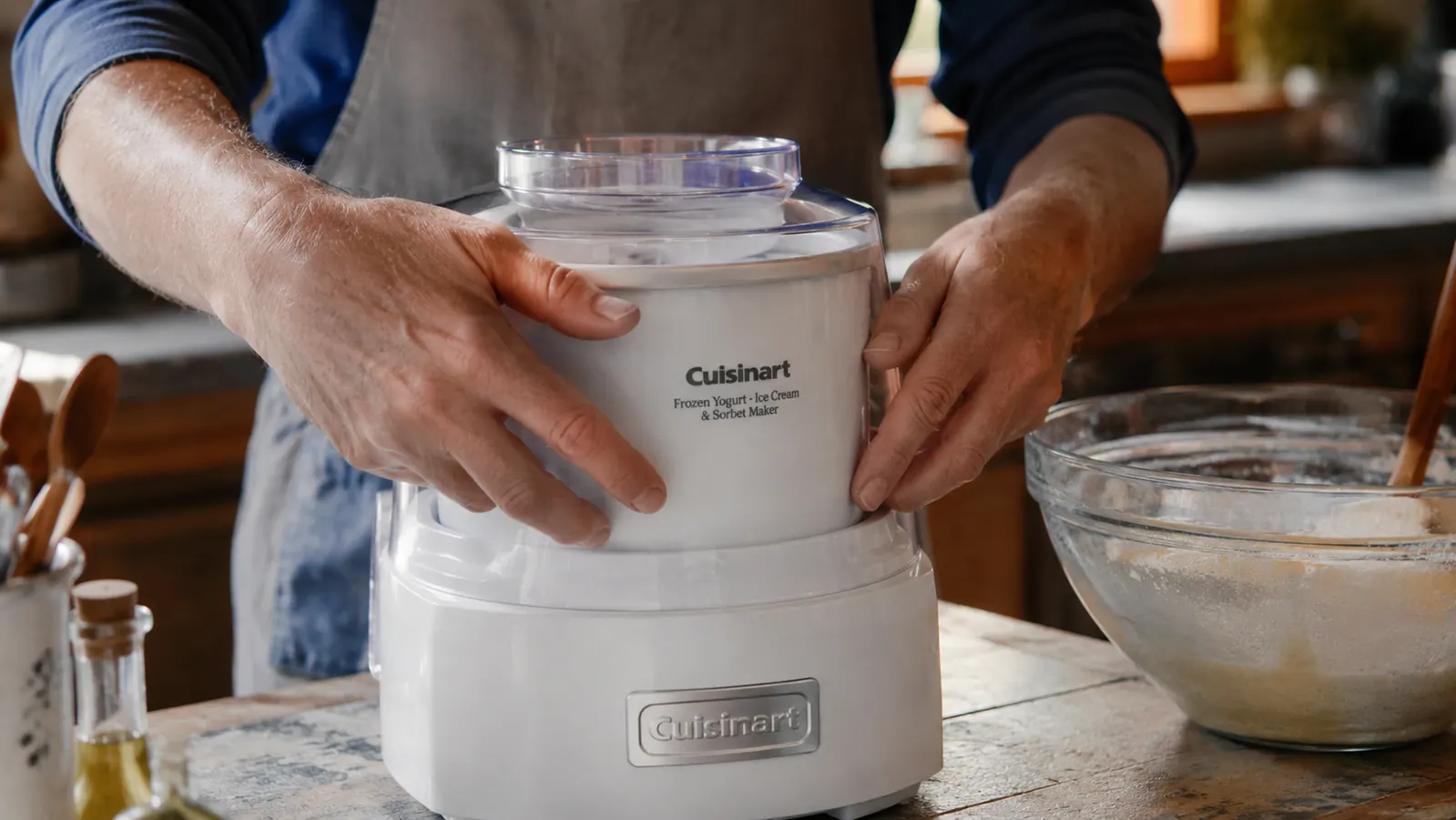 A hand locking the Cuisinart ICE-21P1 freezer bowl into the machine base on a kitchen counter
