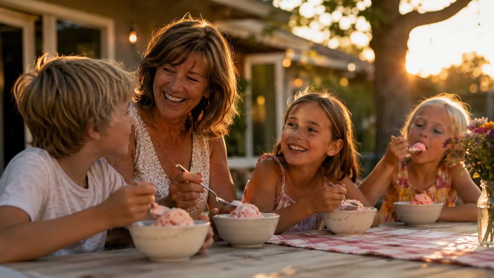 Grandkids eating bowls of homemade strawberry ice cream at a backyard picnic table on a summer evening
