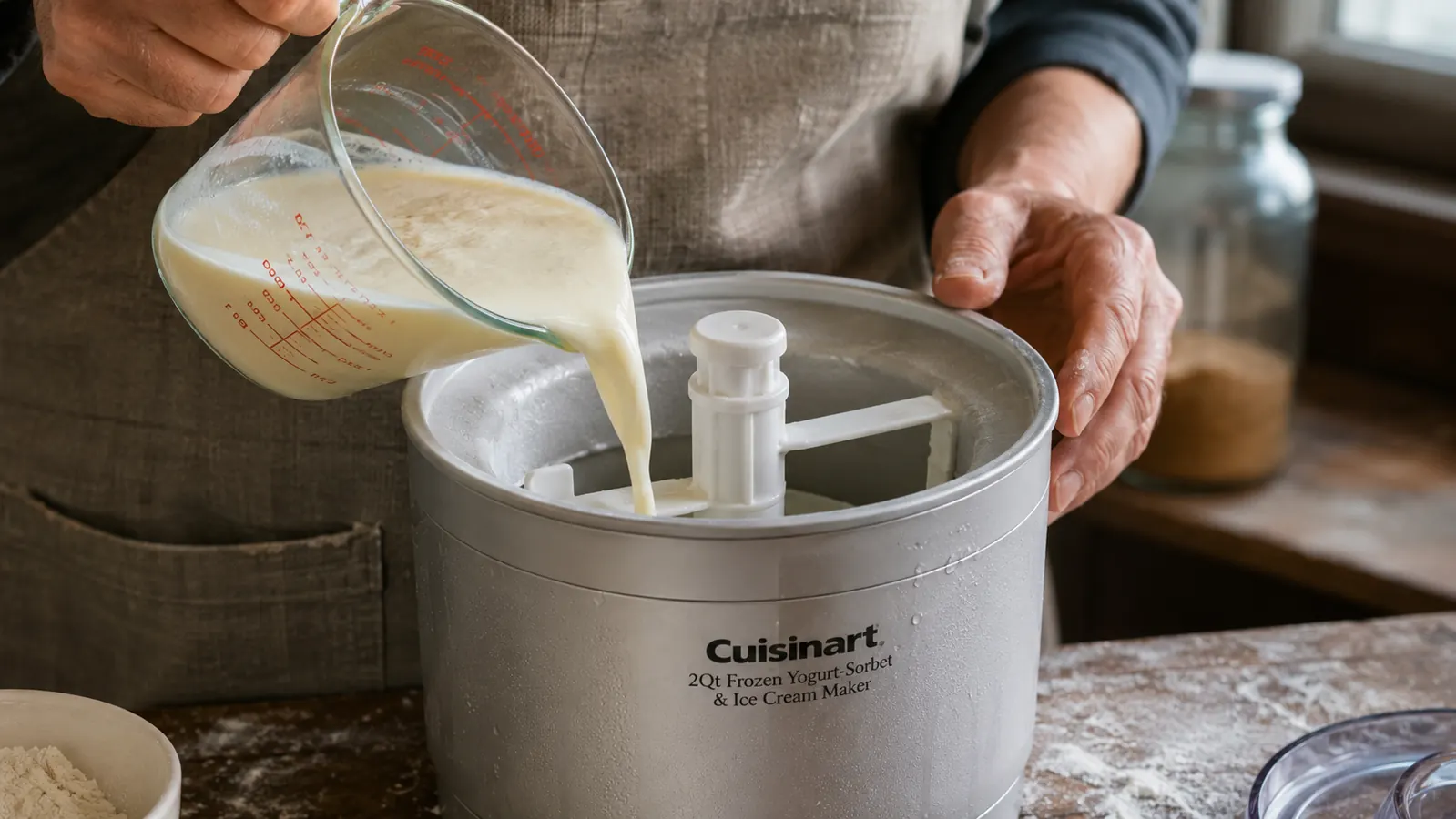 Hand pouring cream and sugar mixture into the Cuisinart ICE-21P1 ice cream maker bowl