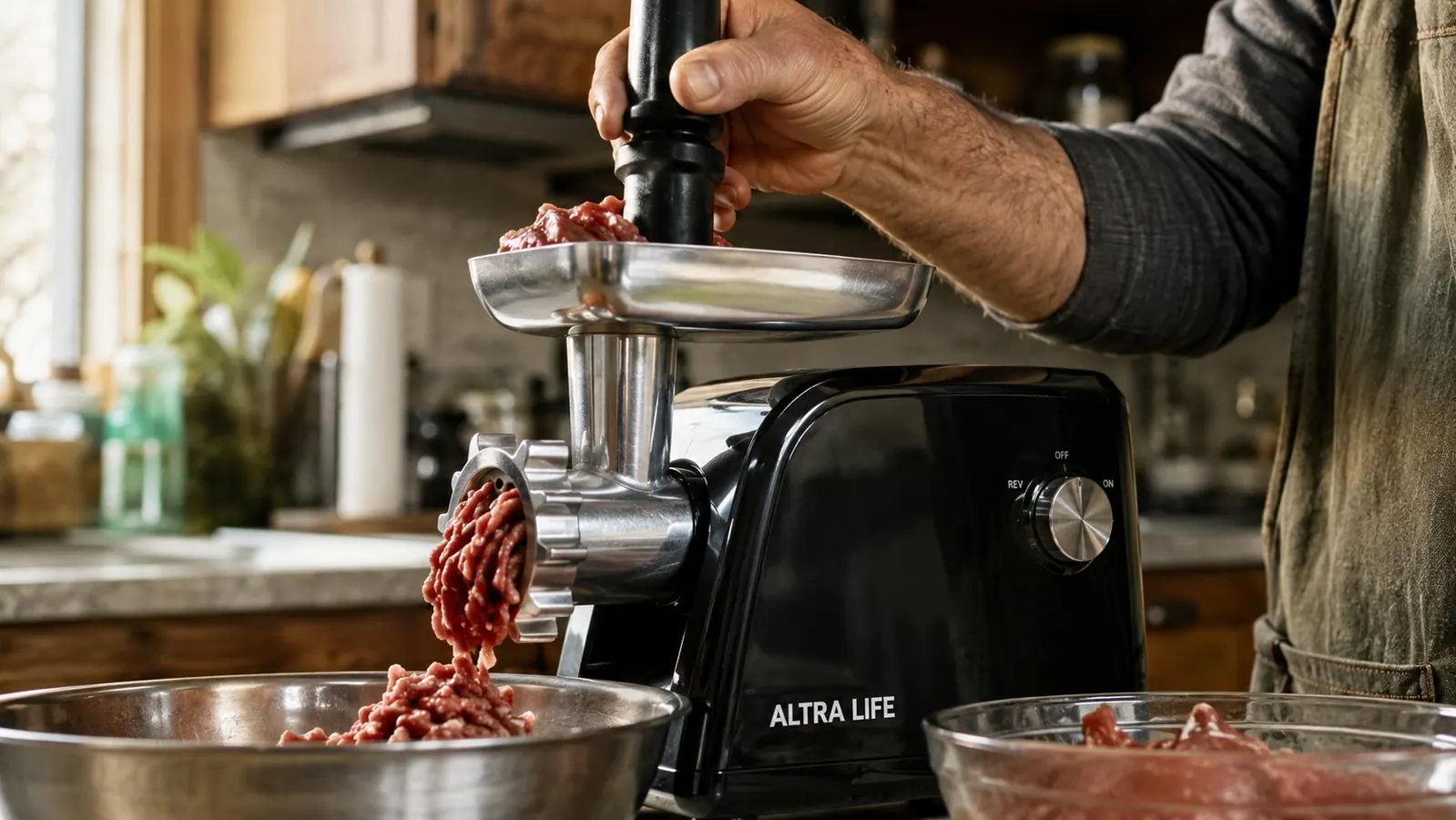 Close-up of a hand pushing chilled beef strips into the ALTRA LIFE meat grinder hopper with the plastic pusher