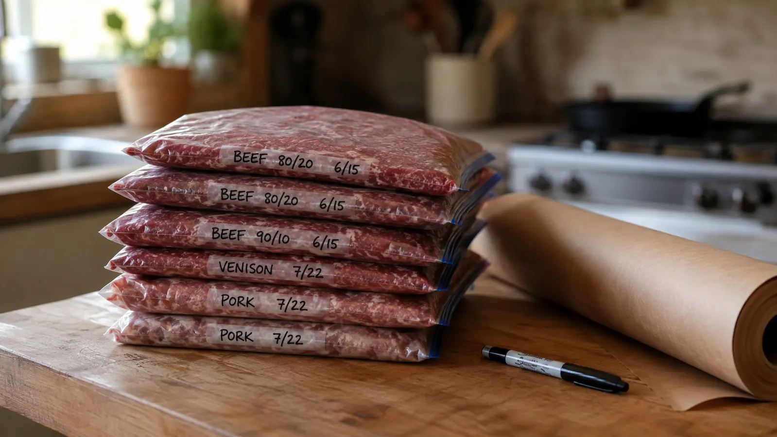 Freezer bags of labeled ground meat laid flat on a kitchen counter next to a butcher paper roll