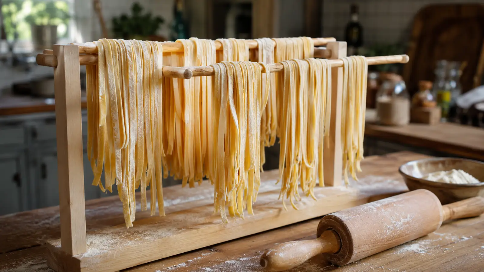 Fresh cut fettuccine noodles draped over a wooden pasta drying rack dusted with semolina flour