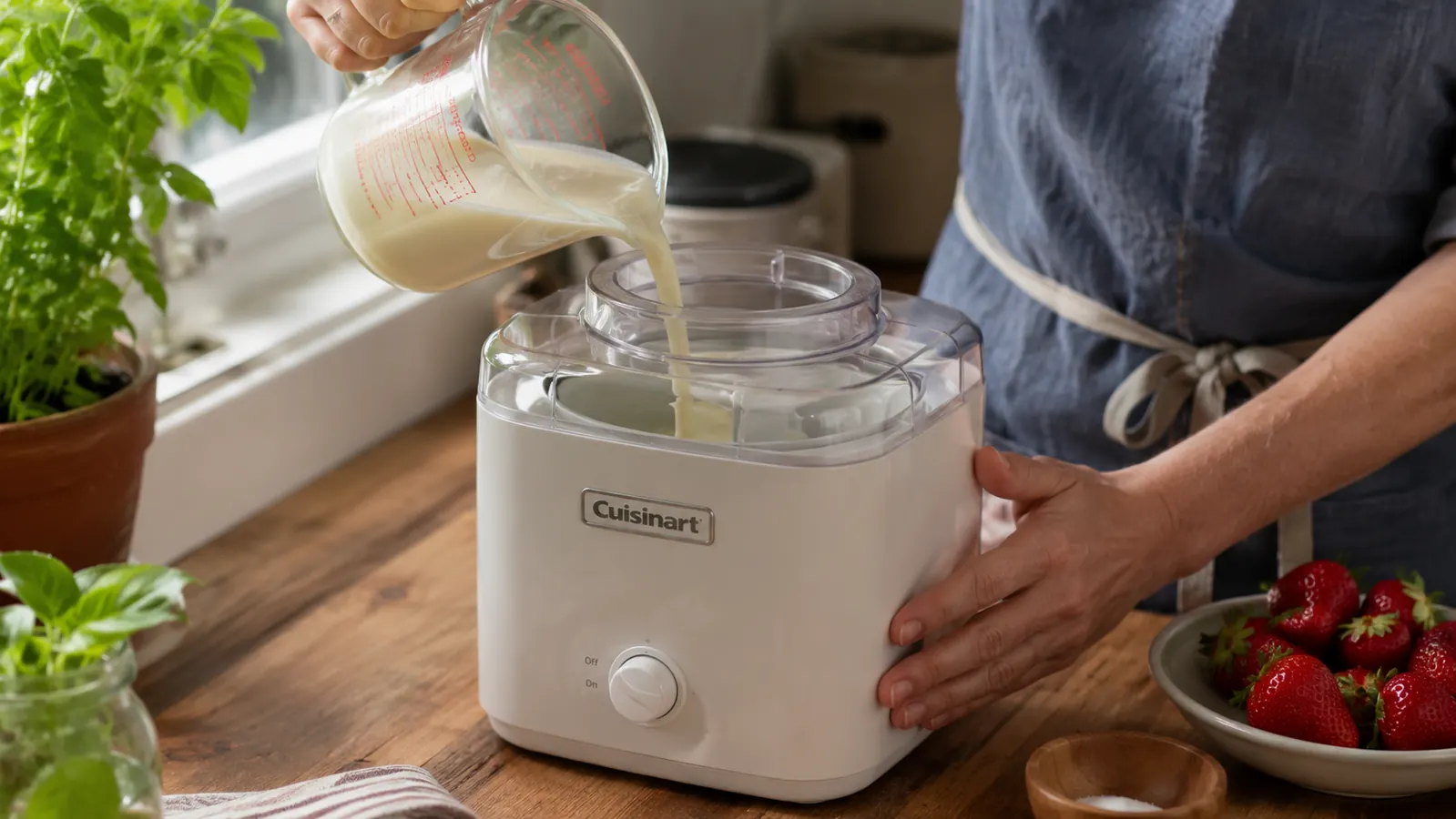 Hand pouring chilled cream base into the Cuisinart ICE-21P1 ice cream maker's frozen bowl