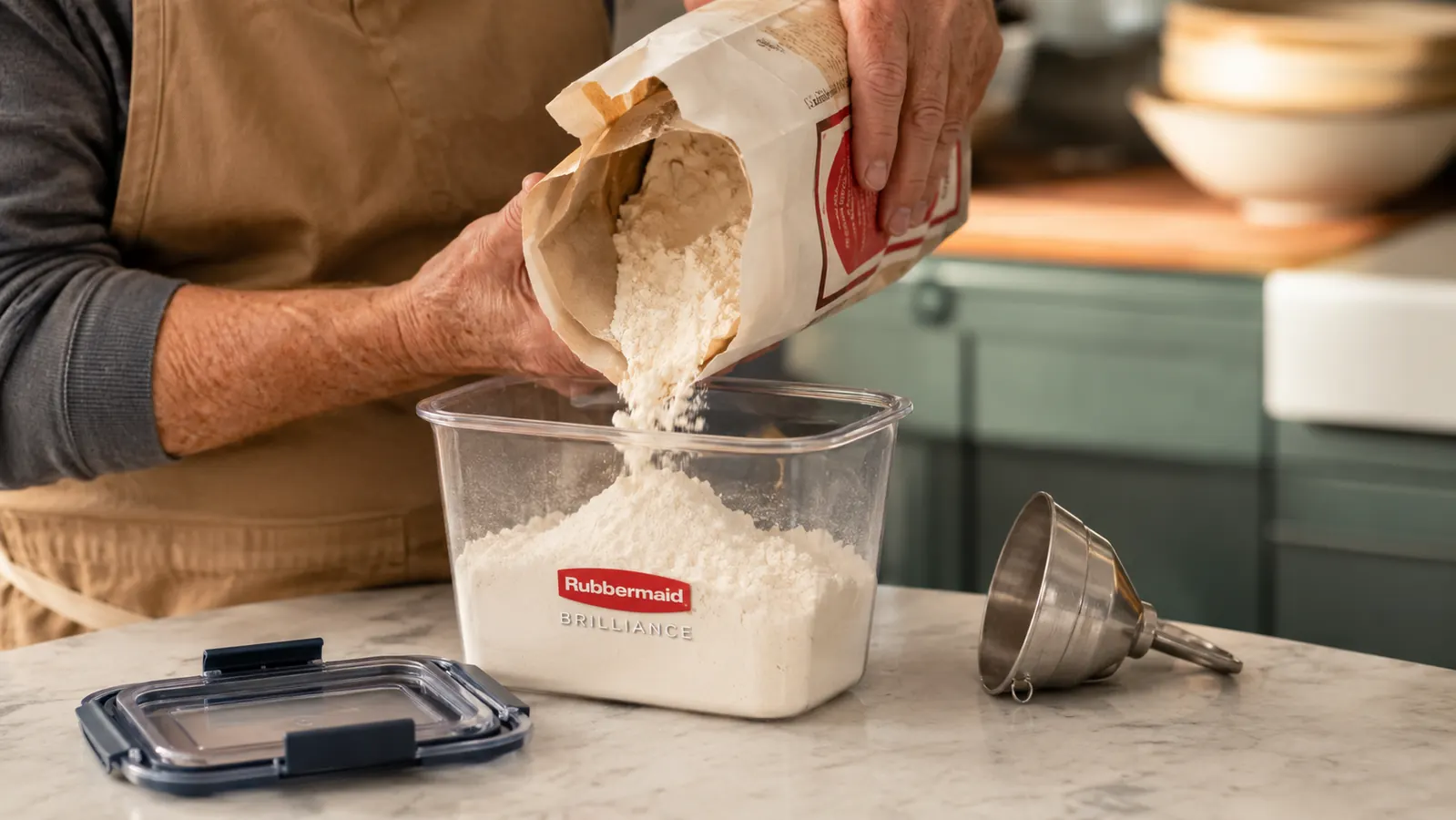 A hand pouring flour from its paper bag into a clear Rubbermaid Brilliance container on a kitchen counter