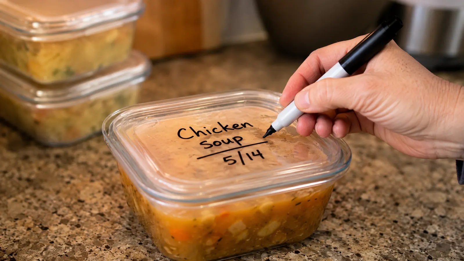 A dry-erase labeled lid on a food storage container showing the contents and a fill date