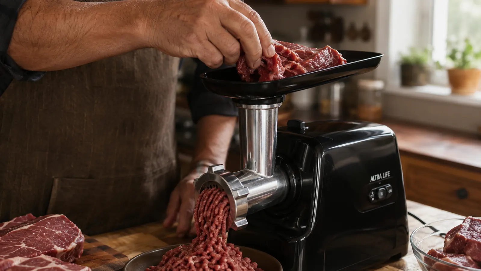 A hand feeding strips of chuck roast into the ALTRA LIFE Electric Meat Grinder hopper