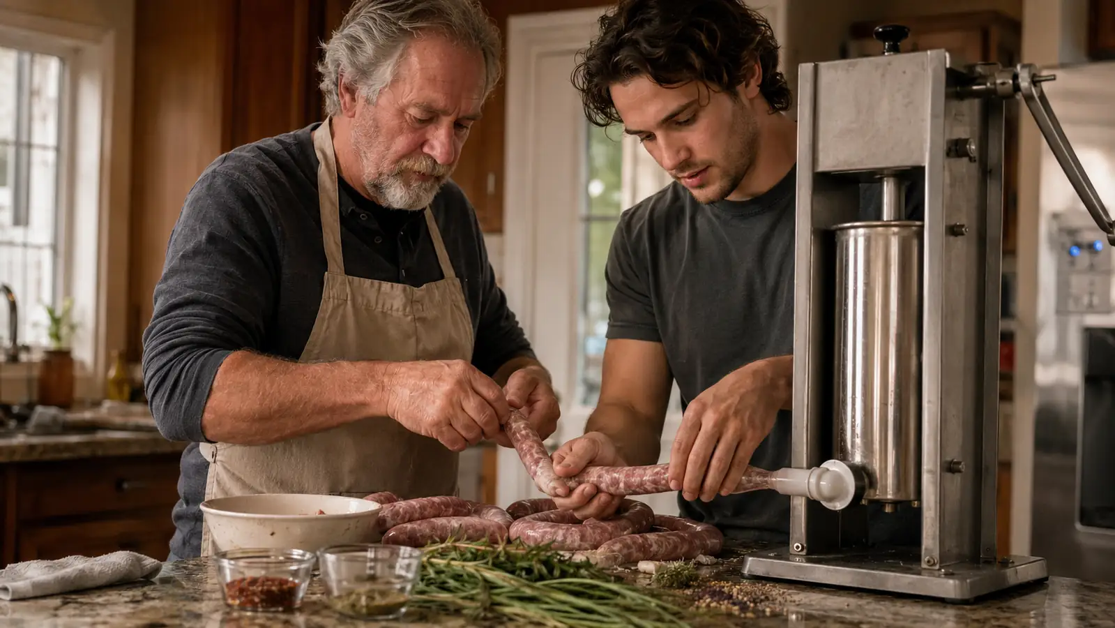 A grandfather and grandson stuffing homemade sausage casings together at a kitchen counter