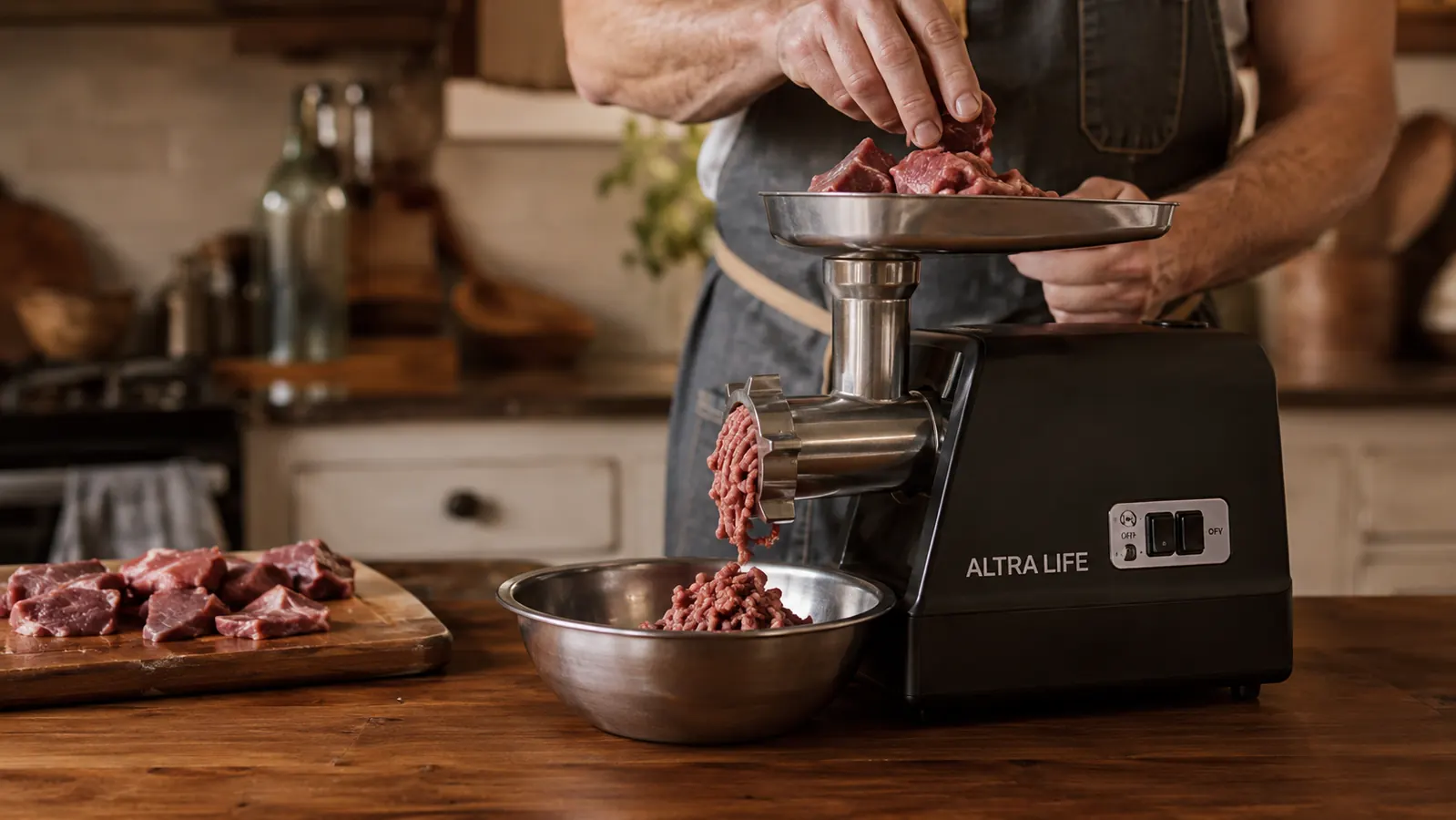 A hand feeding chunks of chuck roast into the top of the ALTRA LIFE meat grinder while fresh ground beef comes out the front