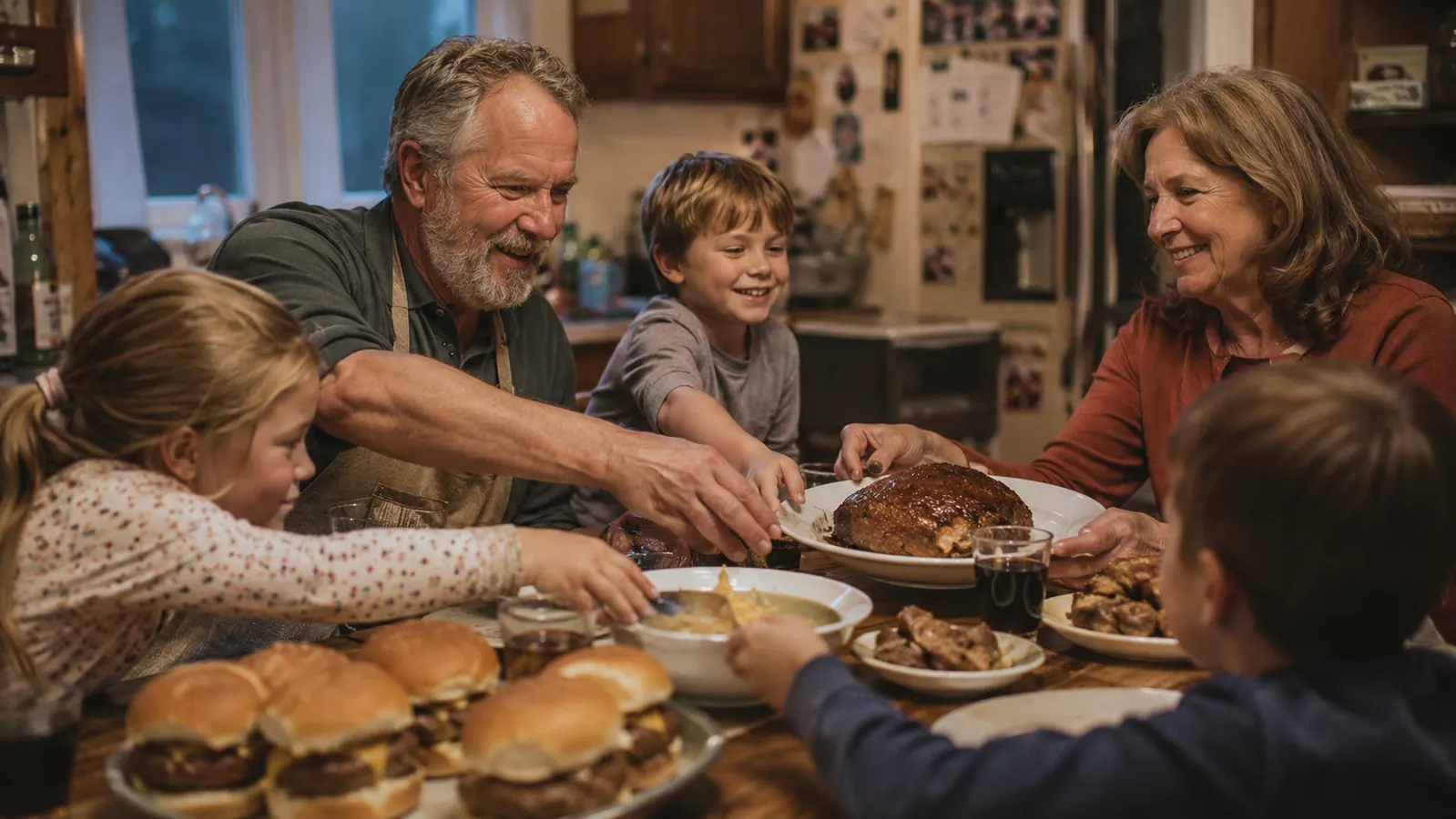 A family dinner table with burgers and a meatloaf made from home-ground beef, grandkids reaching for plates