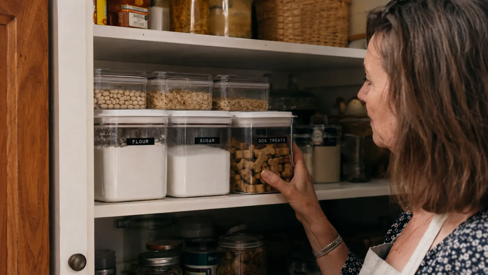 A pantry shelf with smaller clear storage containers holding flour, sugar, and dog treats
