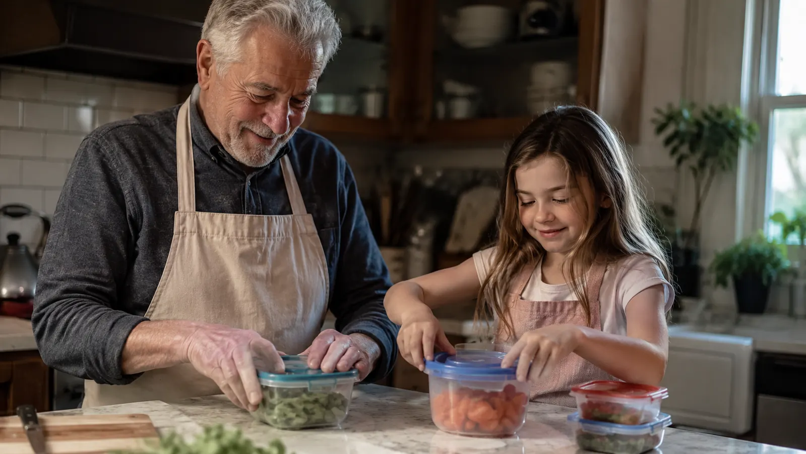 A grandfather and granddaughter standing at the kitchen counter together snapping lids onto storage containers